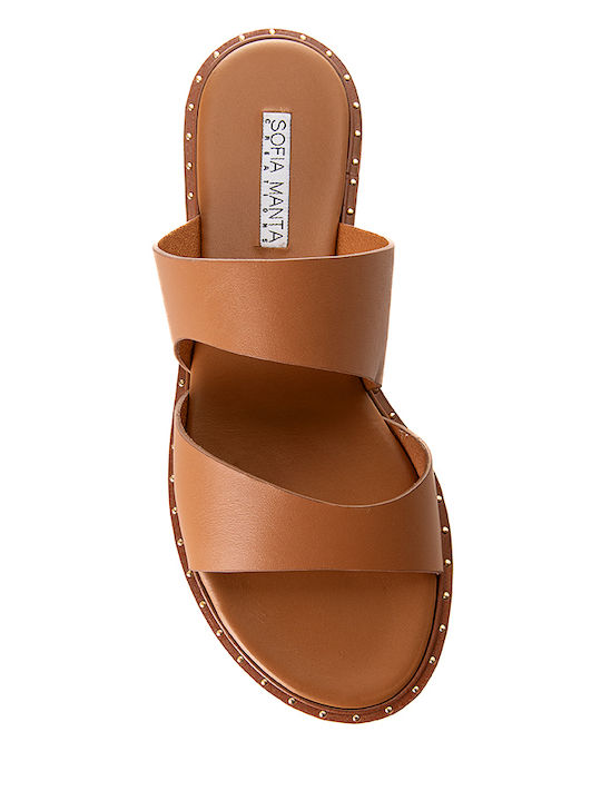 Leather Women's Flat Sandals Tabac Brown