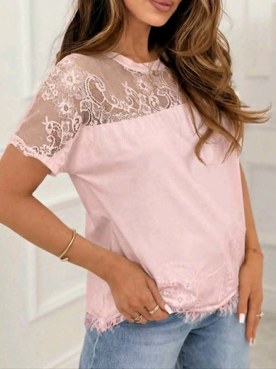 Women's Blouse with Lace & Mesh Pink