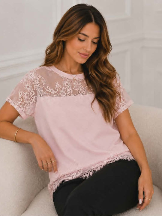 Women's Blouse with Lace & Mesh Pink