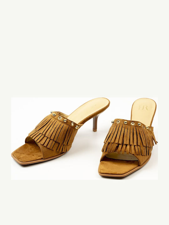 Mules with Thin Heel in Tabac Brown Colour