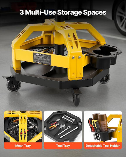 Professional Work Stool Vevor Wheels Adjustable Height 500-650 Mm 360° Rotation 150 Kg Capacity Mechanic Garage Stool Back Storage Tool Tray Professional Chair Upholstered Seat Black Yellow