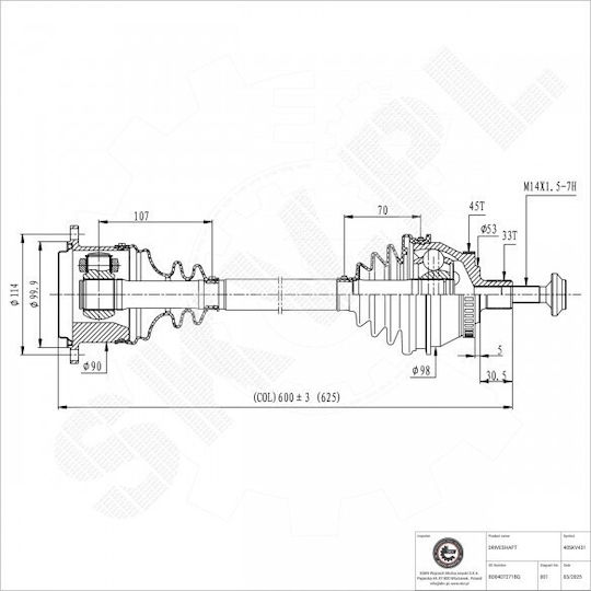 Jumătate De Axă Audi A4 Skoda Superb I VW Passat Față Stânga 8d0407271bq