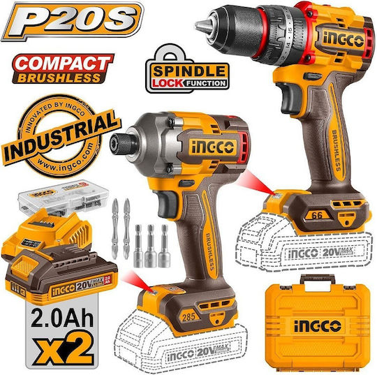 Ingco CKLI20277E Drill Driver & Impact Screwdriver Brushless 20V with 2 Batteries 2Ah and Case