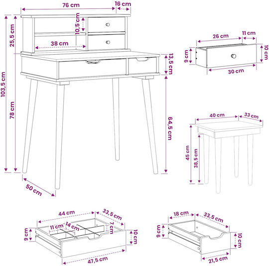 Floor-standing Makeup Dressing Table from Solid Wood White with Mirror 76x50x103.5cm