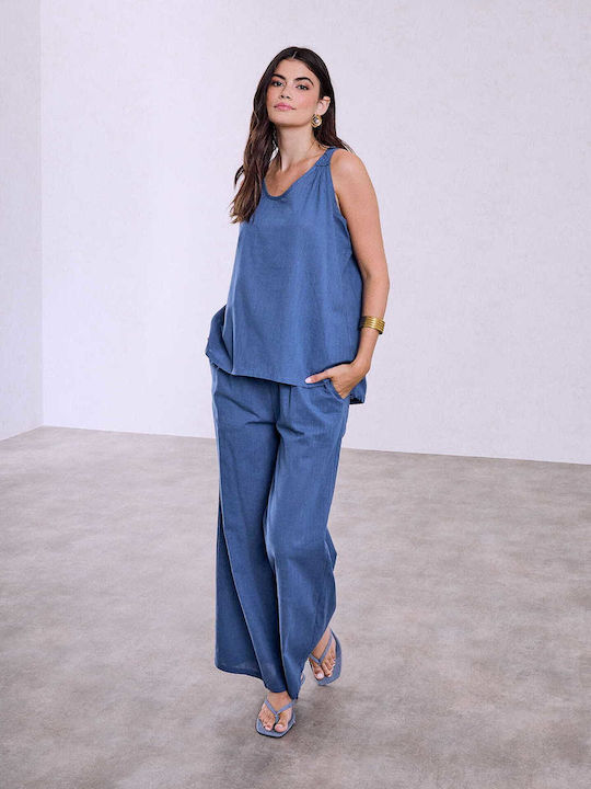 Celestino Set Women's Blouse Trousers Linen Loose Fit Blue