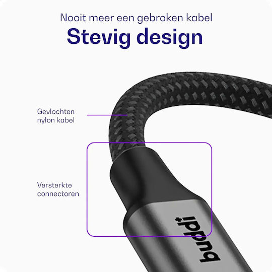 Buddi Гъвкав плетен кабел USB-C мъжки - USB-C 12W Черен 0.3m