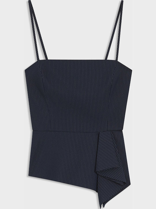 Women's Sleeveless Drape Striped Navy Blue Blouse