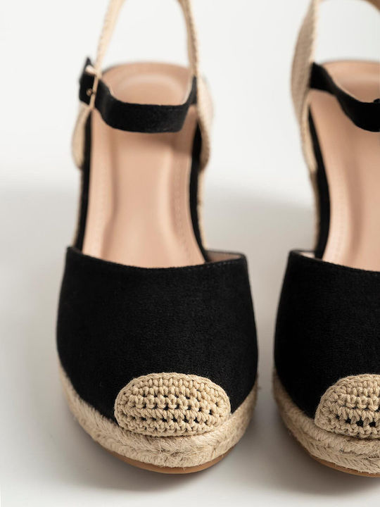 Suede Platforms Rope Sole & Buckle Women's 77-609 Black Synthetic Suede