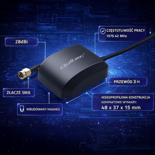 Qoltec Мобилна GPS GLONASS Антена С Магнитна Основа Омнидирекционална 28dbi 50w SMA
