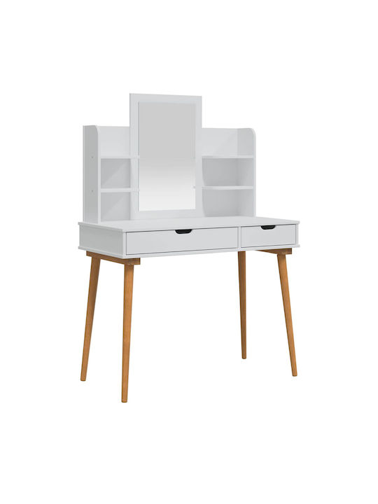 Bodenstehend Schminktisch aus Massivholz Weiß mit Spiegel & Hocker 100x50x143cm