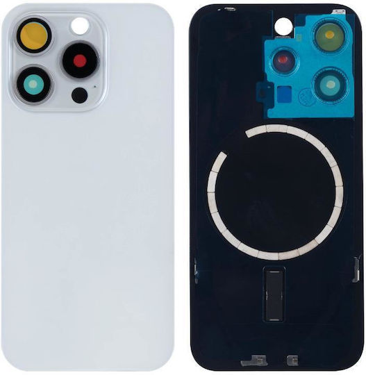 Apple Iphone 15 Pro Battery Cover Large Hole + Lens + Magsafe White Titanium Oem Logo
