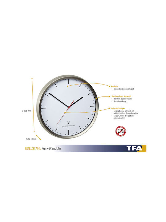 TFA Αθόρυβο Ρολόι Τοίχου Μεταλλικό Γκρι Ø77cm