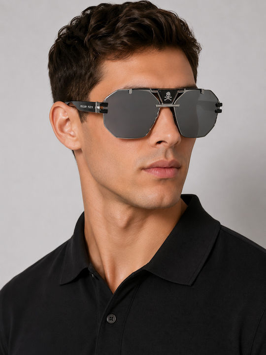 Philipp Plein Men's Sunglasses with Black Metallic Frame and Black Lenses SPP077V 0K59