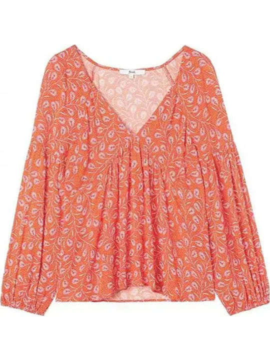 Bluza Damă Mânecă Lungă cu Decolteu în V Model Floral Portocaliu