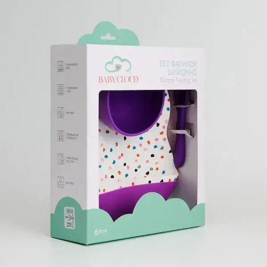 Baby Cloud Feeding Set Dots made of Silicone with Non-Slip Base Purple 4pcs for 6+ months