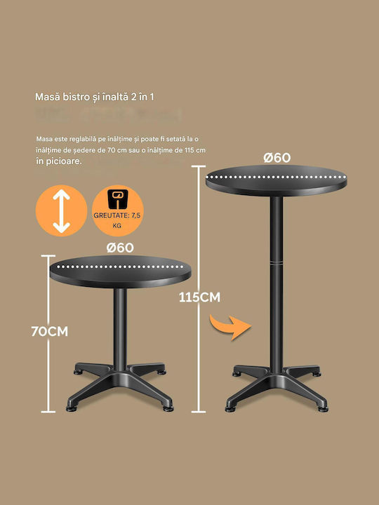Round Wooden Bar Table with Black Aluminum Frame 60x60x70cm