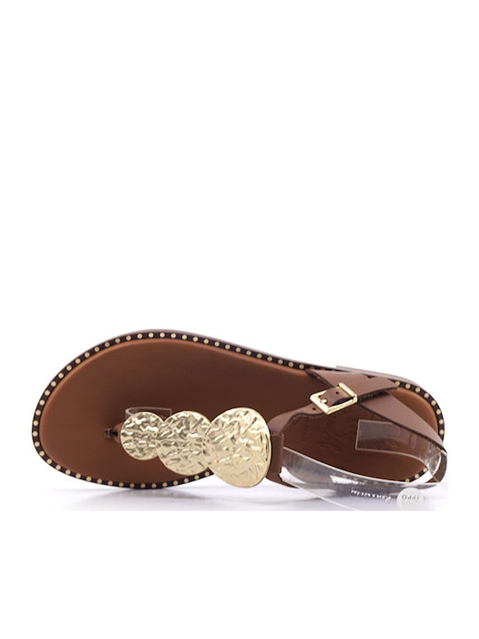 Leather Women's Flat Sandals Tabac Brown