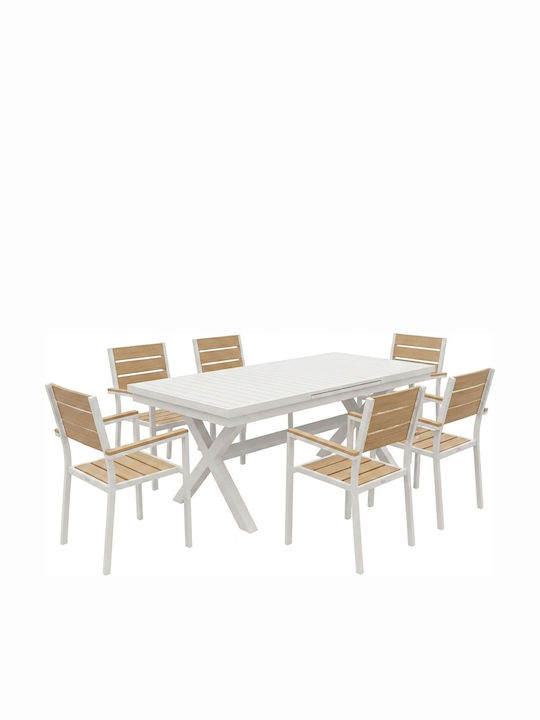 Garten- und Outdoor-Möbelsets Typsatz Speisesaal 7 Stücke Herstellerfarbe Weiß mit Sonnenschirmhalter