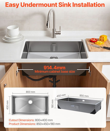 Vevor Υποκαθήμενος Νεροχύτης Inox Μ85xΠ45cm Ασημί