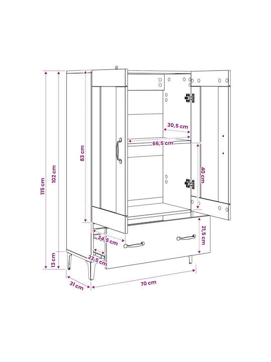 Wall Living Room Display Cabinet Made of Particle Board with Windowed Aged Wood 70x31x115cm