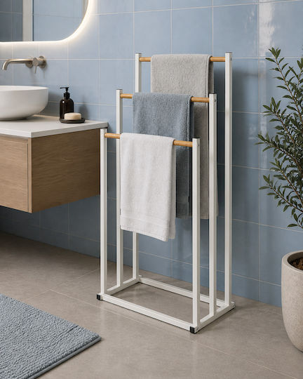 Επιδαπέδια Κρεμάστρα 3 Θέσεων Μεταλλική Bamboo 45x23x85cm White Natural Mrshome Df-0030000