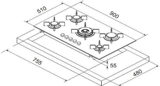 Mondin Autonomous Natural Gas Cooktop 90x51cm