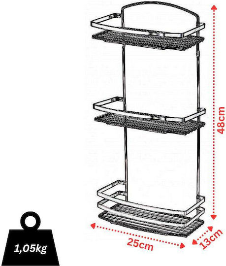 Tekno-Tel 455.BK086/ST Επιτοίχια Ραφιέρα Μπάνιου Inox με 3 Ράφια 25x13x48cm