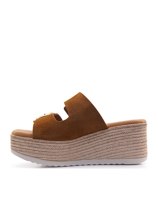 Sommer Damenplattformen in Stil Pantoffeln Tabac Braun