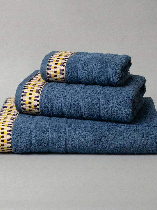 White Fabric Bath Towel Cotton 70x140cm Blue Weight 600gr/m²