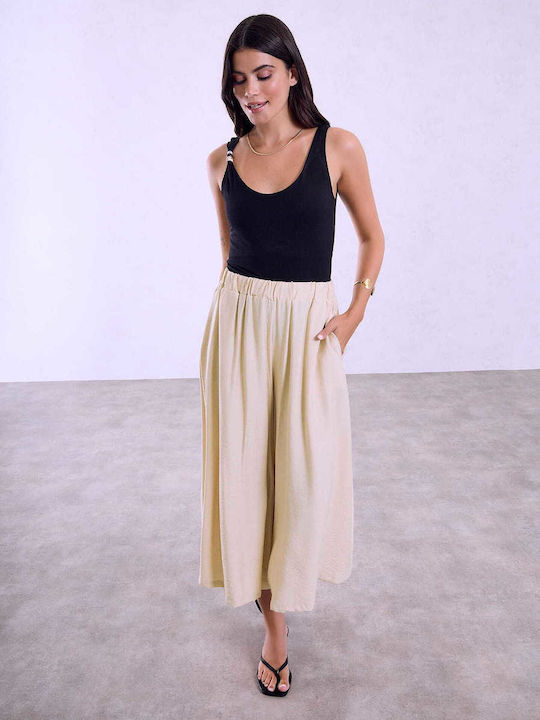 Celestino Women's Pantaloons Crop Viscose Loose Fit Beige