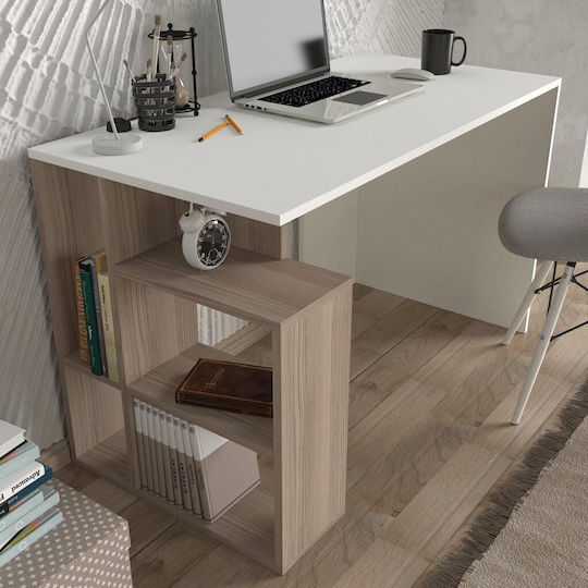 SteweHome Schreibtisch Arbeitszimmer Seitliche Bücherregal Weiß–Eiche 120×60×73 cm