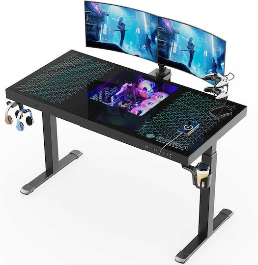 Gaming Office ERK-GD-I55-B Glass Black with Metal Legs, Adjustable Height & LED 140x70x73cm