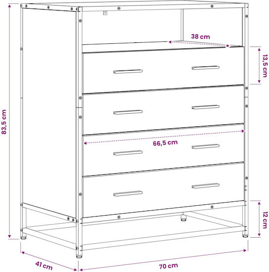 Kommode Schlafzimmer Holz mit 4 Schubladen Eiche 70x41x83,5cm