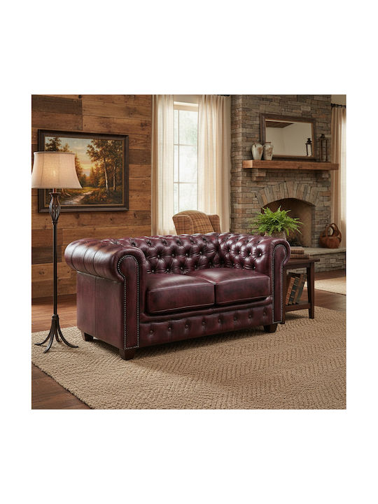Canapea Chesterfield Cu Două Locuri Din Piele Naturală Roșie Antichizată 160x92x72cm E9574,24