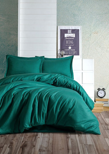 Premium Luxury Satin Bedding Set Cotton Box Stripe Petrol Green