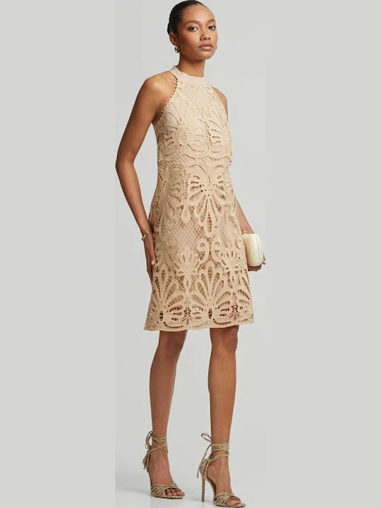 Summer Midi Dress for Wedding / Christening Off-Shoulder with Lace Natural