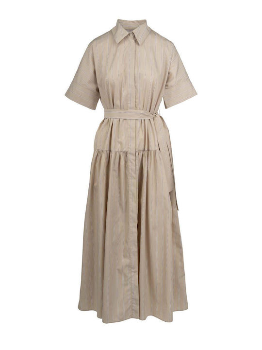 Summer Maxi Shirt Dress Short Sleeve Beige