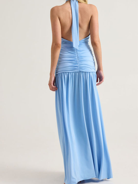 Summer Maxi Slip Dress with Tearing Light Blue