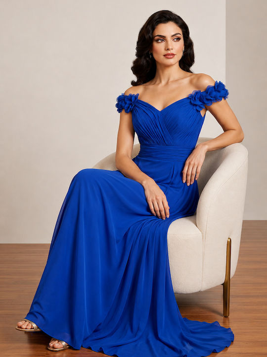 Summer Maxi Dress for Wedding Christening Strapless Off-Shoulder Blue