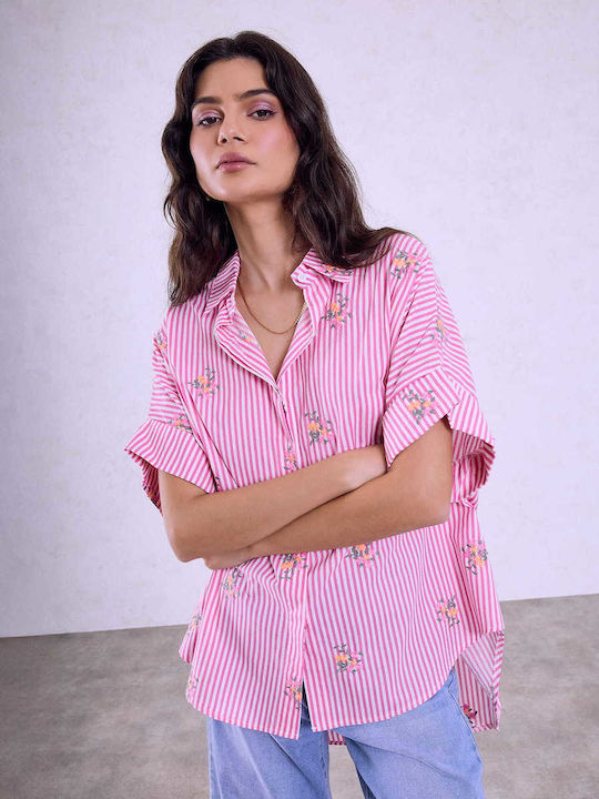 Celestino Damenhemd Oversized Gestreift Loose Fit Fuchsie