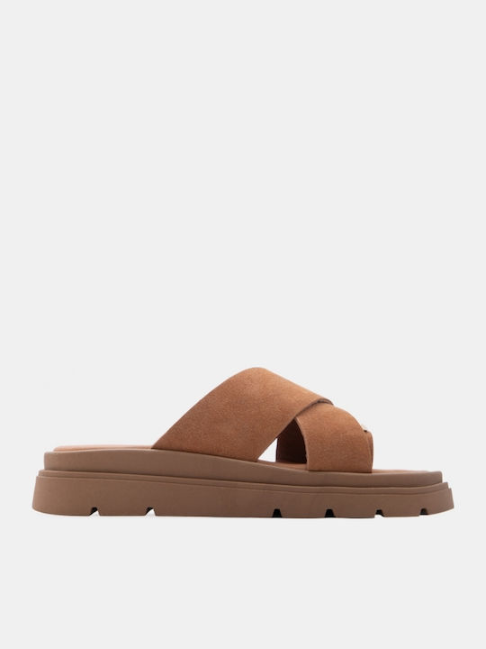 Leder Flache Damen Sandalen Flatforms Tabac Braun