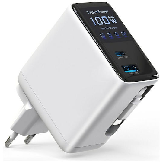 4Smarts Φορτιστής GaN με Θύρα USB-A και Θύρα USB-C και Καλώδιο USB-C 100W Power Delivery Λευκός (Flex Screen AI)