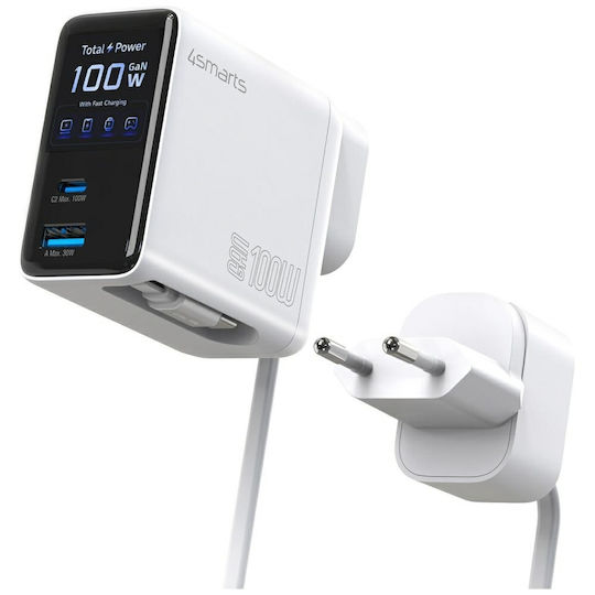 4Smarts Φορτιστής GaN με Θύρα USB-A και Θύρα USB-C και Καλώδιο USB-C 100W Power Delivery Λευκός (Flex Screen AI)