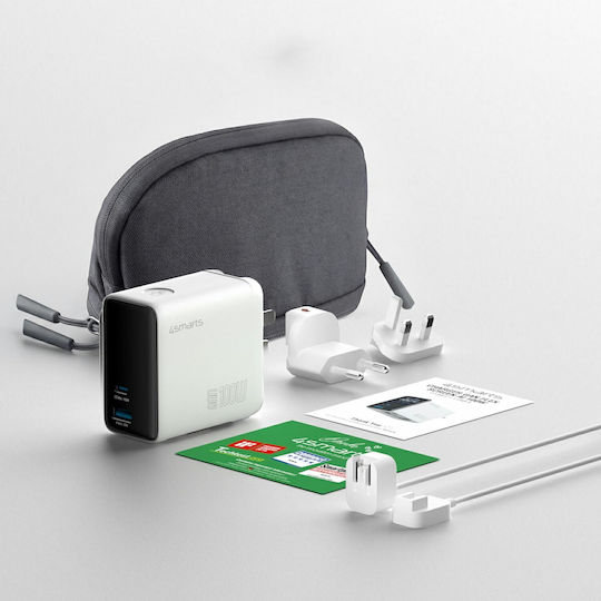 4Smarts Φορτιστής GaN με Θύρα USB-A και Θύρα USB-C και Καλώδιο USB-C 100W Power Delivery Λευκός (Flex Screen AI)