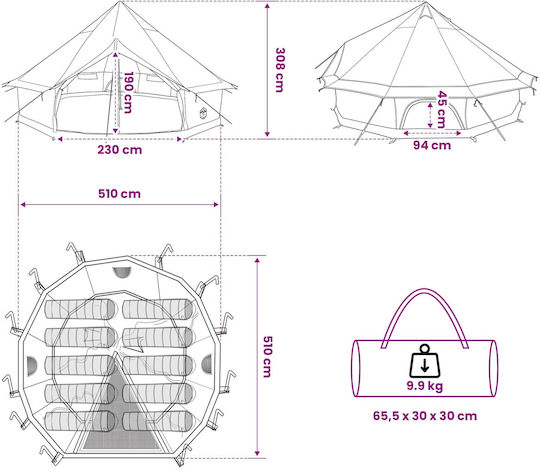 vidaXL Σκηνή Camping Teepee Χακί 4 Εποχών 500x500x300εκ.