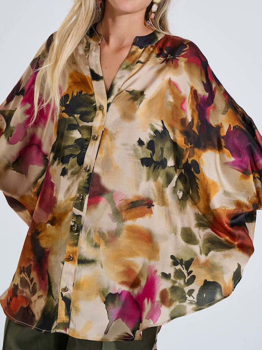 Long Sleeve Women's Satin Shirt Olive