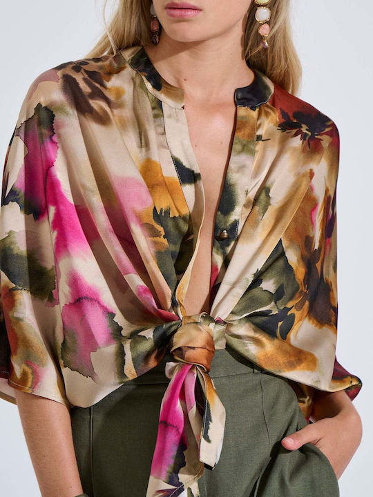 Long Sleeve Women's Satin Shirt Olive