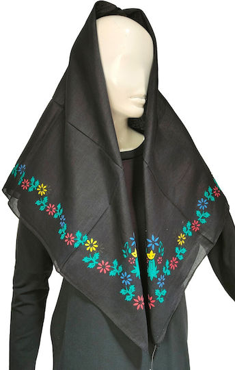 Traditional Olympus Karpathos Headscarf Black Flowers Cotton Mark222 Black