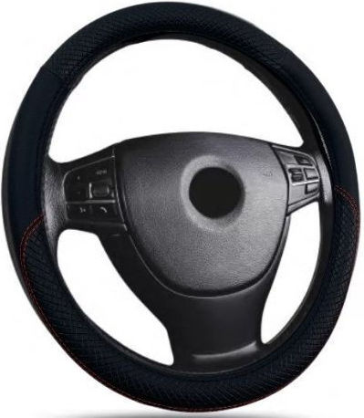 Leather Steering Wheel Cover 38 Cm Waves Black Red Stitching 1 Pc