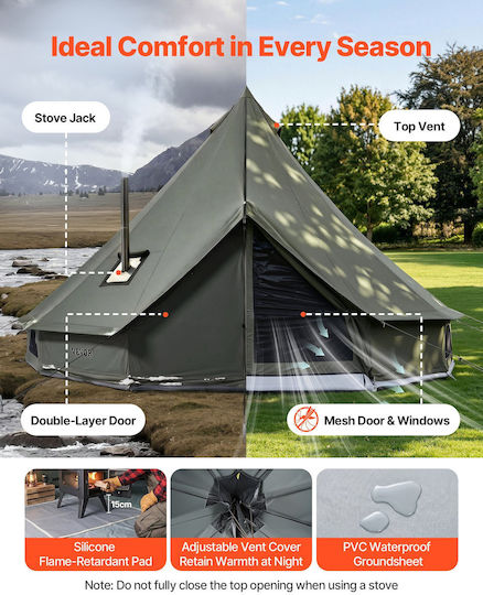 Vevor Bell Σκηνή Camping Αποθήκευσης Πράσινη με Διπλό Πανί 4 Εποχών για 4 Άτομα 400x400x250εκ.
